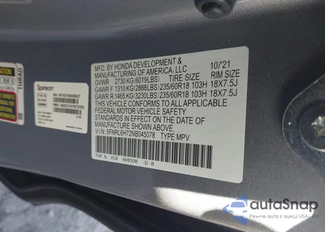 2022 Honda Odyssey Ex-L z USA, uszkodzony, nr VIN 5FNRL6H72NB045078